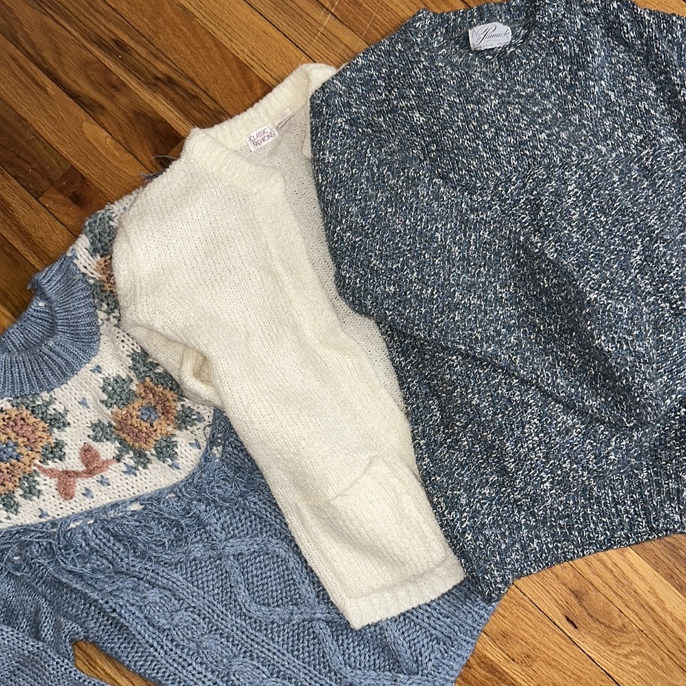 Three vintage chunky knit sweaters- cardigan, mock neck, crewneck, cable knit